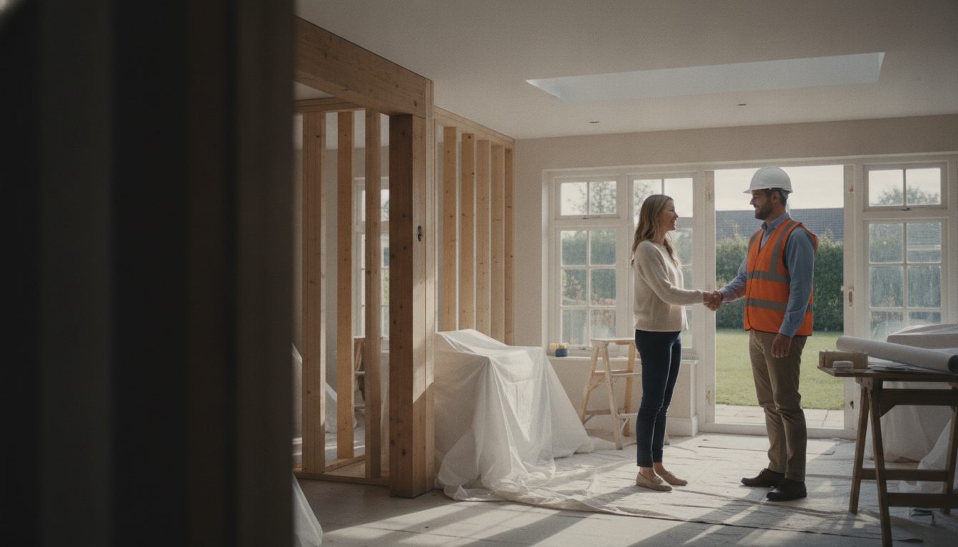 A homeowner shaking hands with a professional builder in a bright, partially-renovated home extension