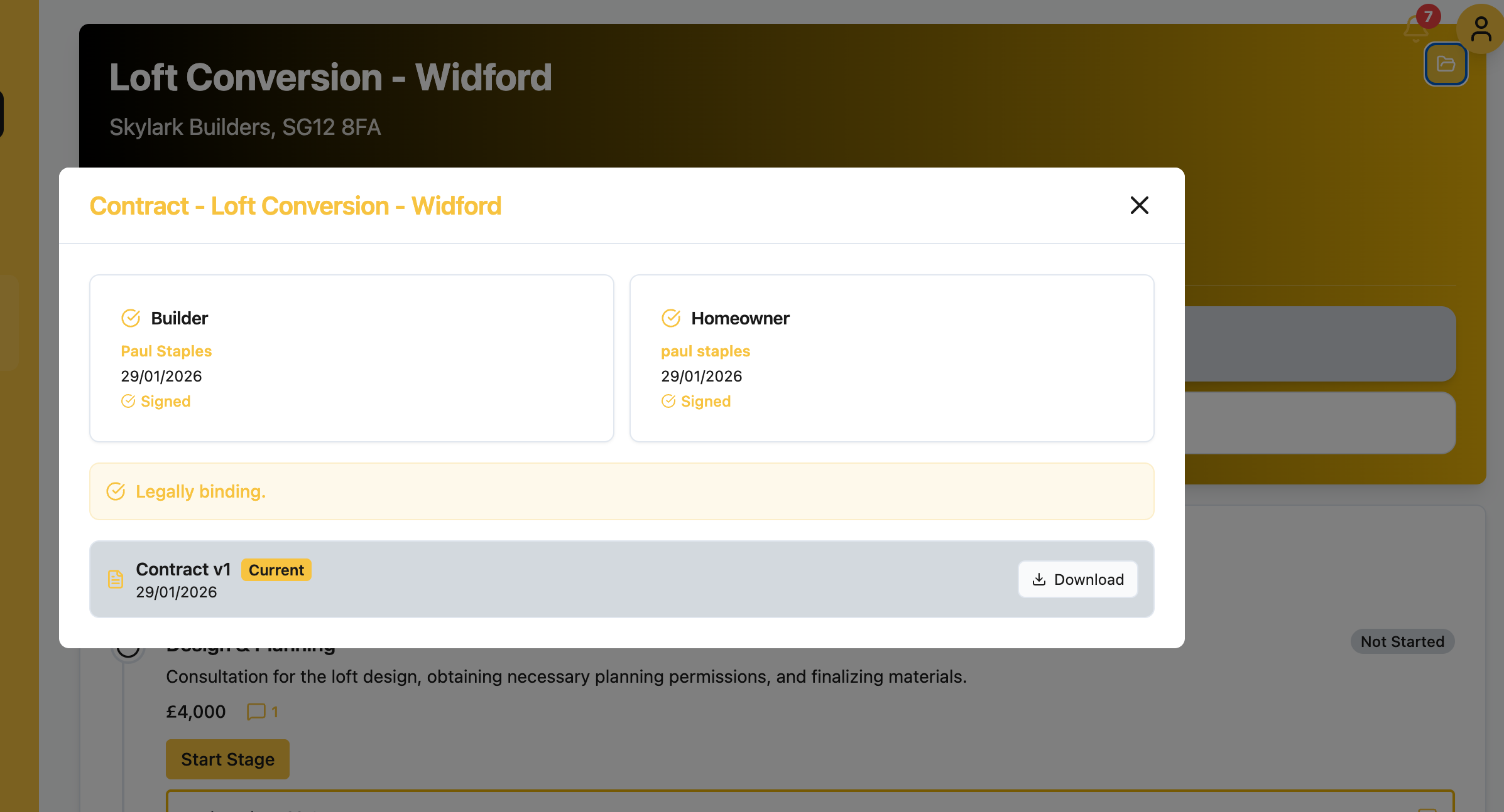 Builder and homeowner digital contract showing both parties signed and legally binding status
